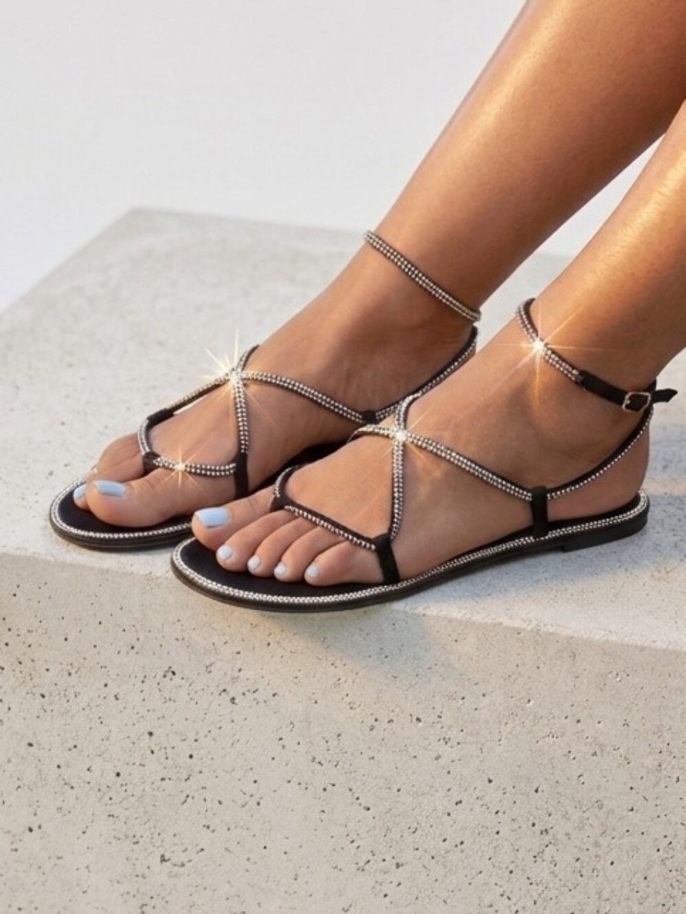 Black Rhinestone Strappy Ankle-Sandal Flats
